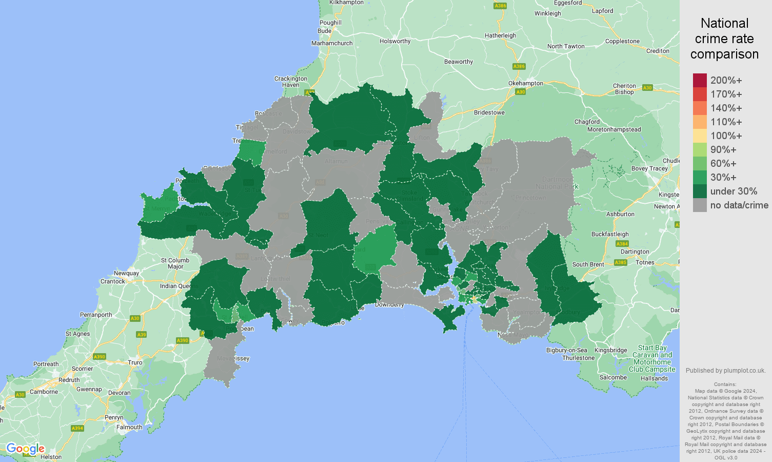 Plymouth theft from the person crime rate comparison map