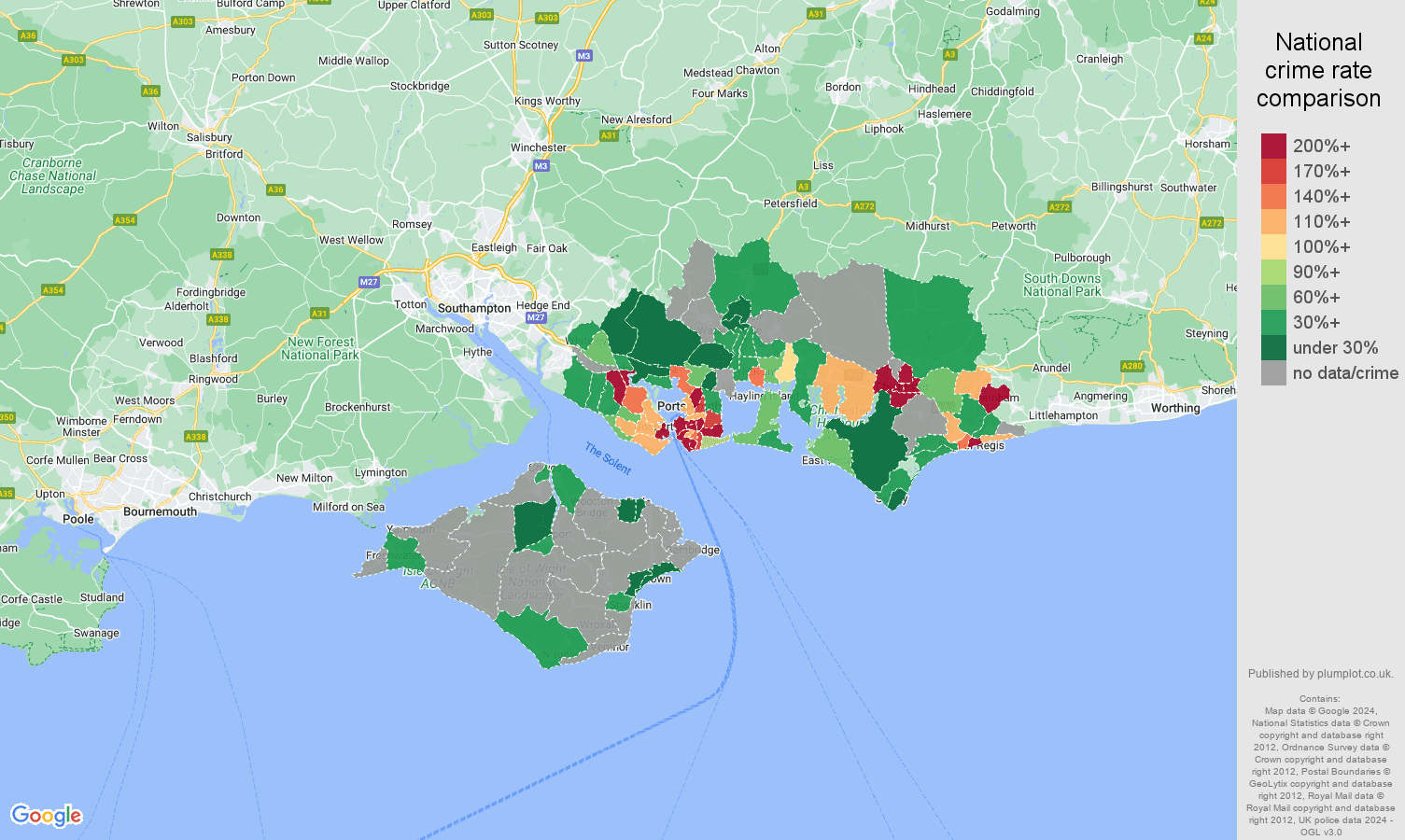 Portsmouth bicycle theft crime rate comparison map