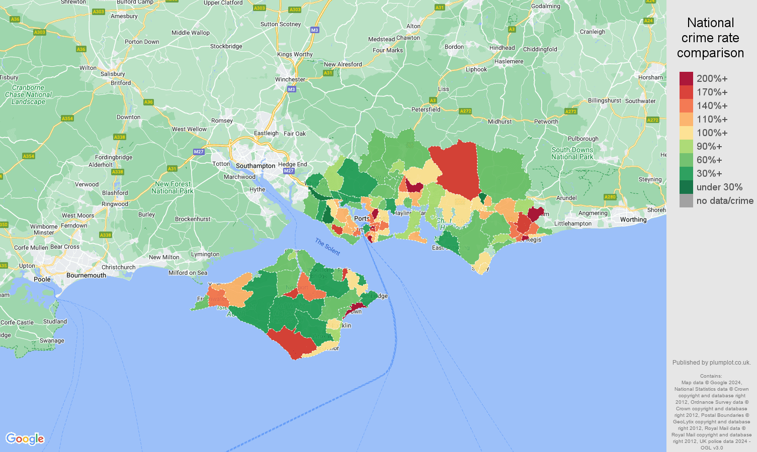 Portsmouth criminal damage and arson crime rate comparison map