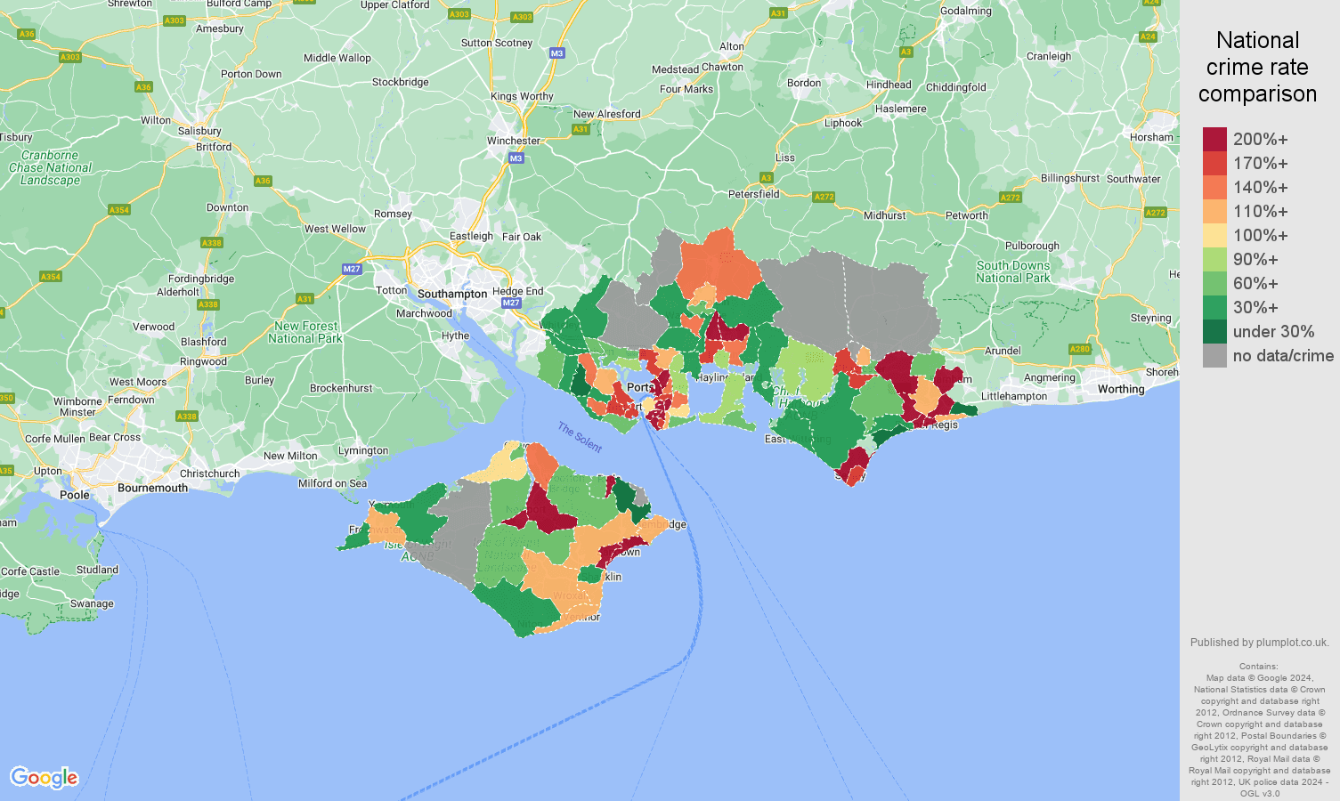Portsmouth possession of weapons crime rate comparison map