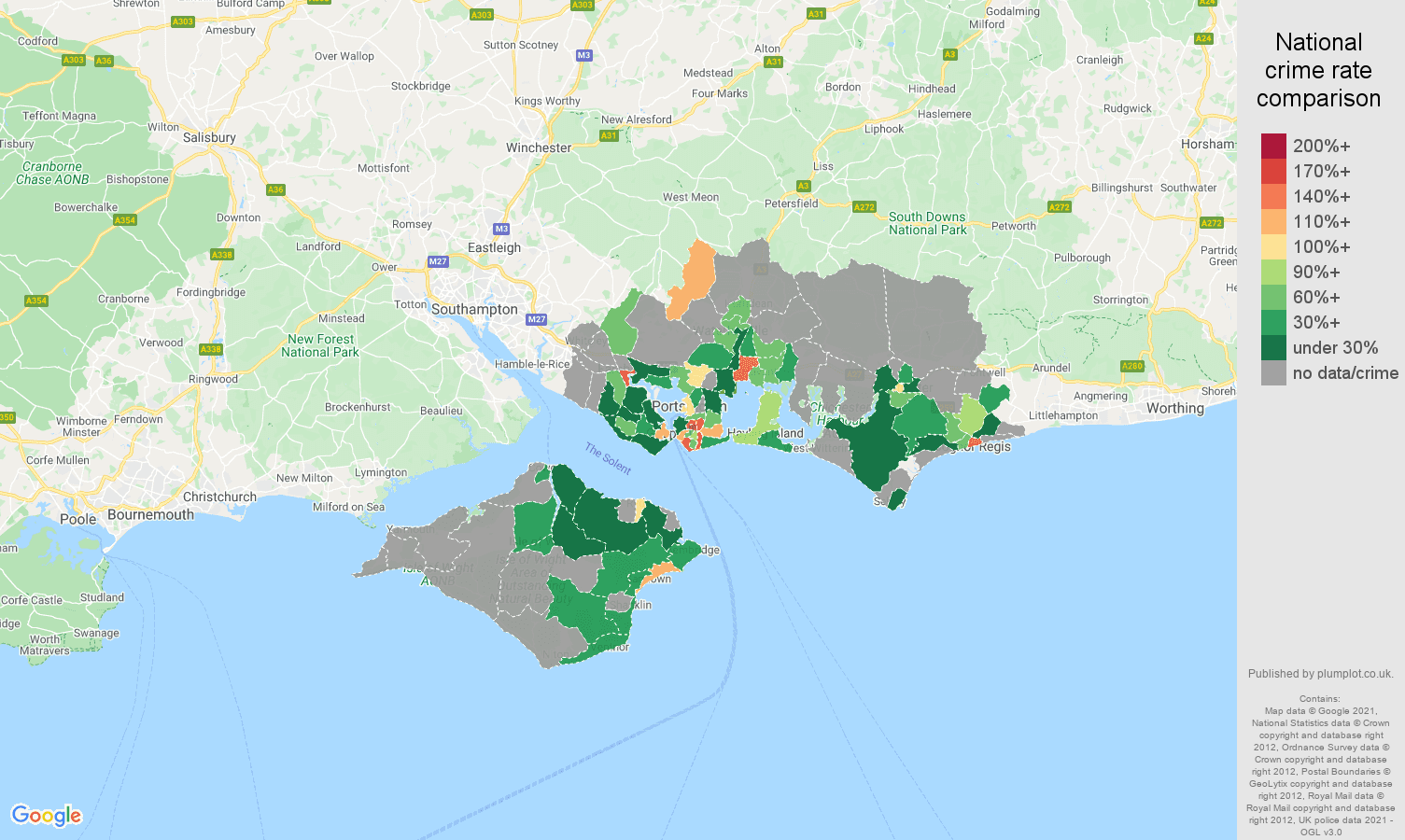 Portsmouth theft from the person crime rate comparison map