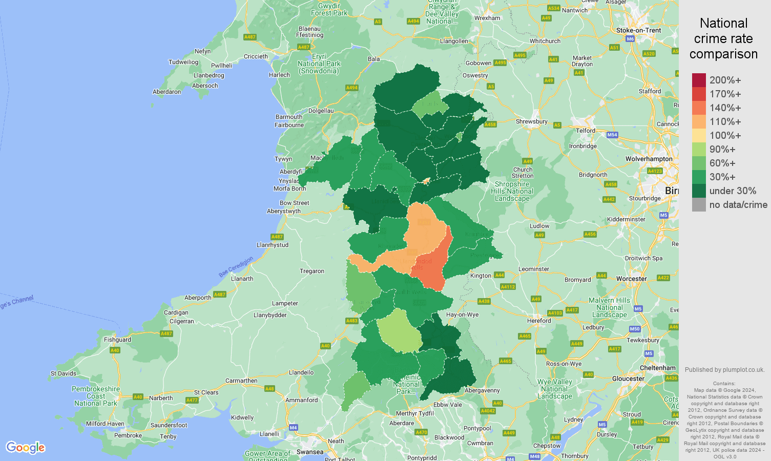Powys antisocial behaviour crime rate comparison map