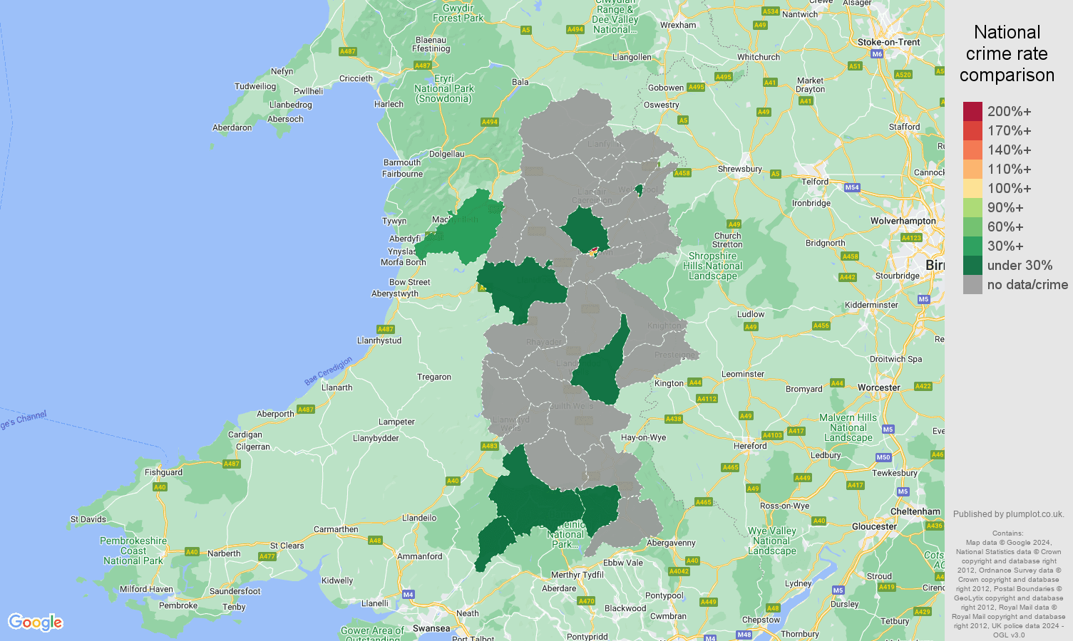 Powys bicycle theft crime rate comparison map