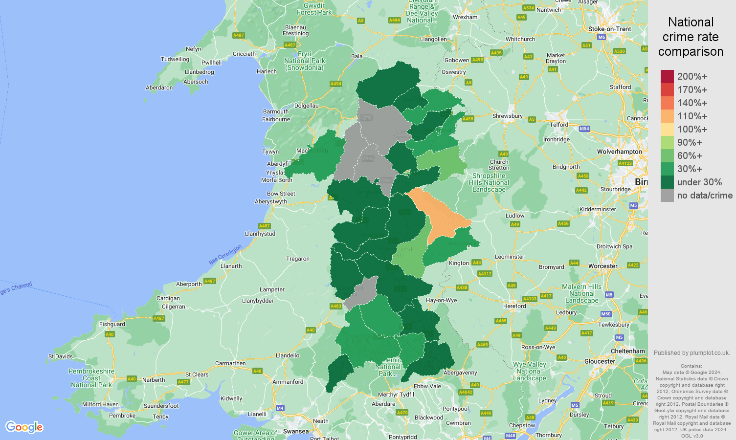 Powys burglary crime rate comparison map