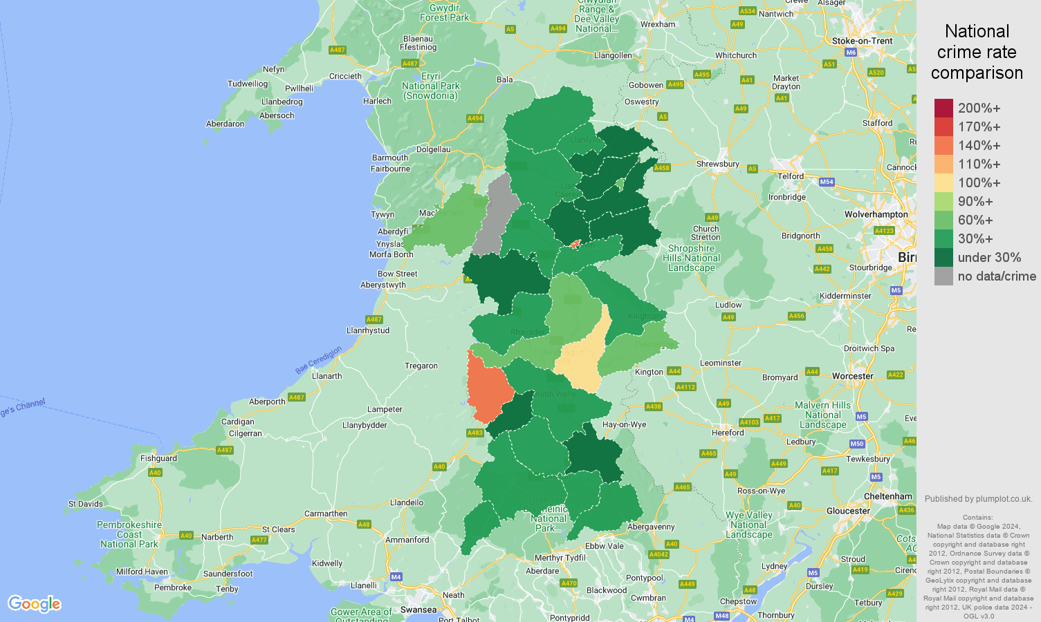 Powys criminal damage and arson crime rate comparison map