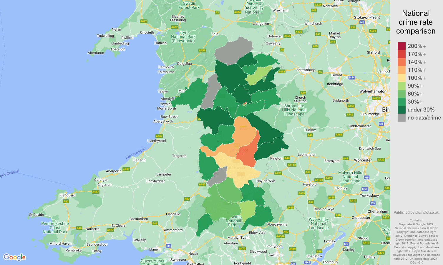 Powys drugs crime rate comparison map