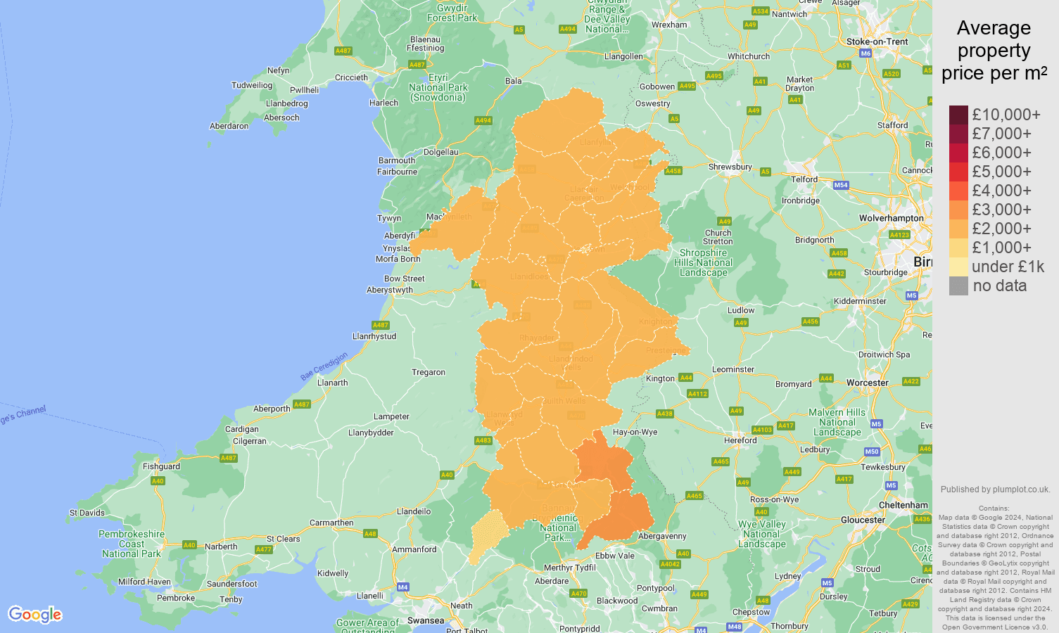 Powys house prices per square metre map