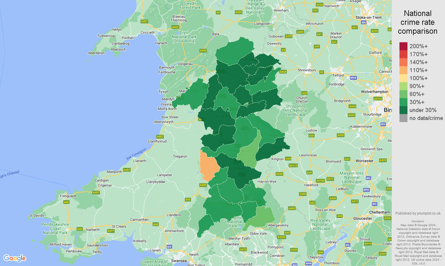 Powys other theft crime rate comparison map