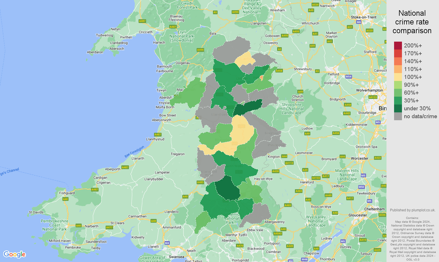Powys possession of weapons crime rate comparison map