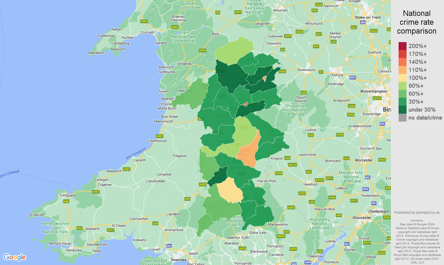 Powys public order crime rate comparison map