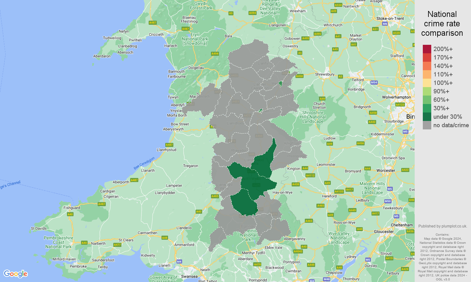 Powys robbery crime rate comparison map