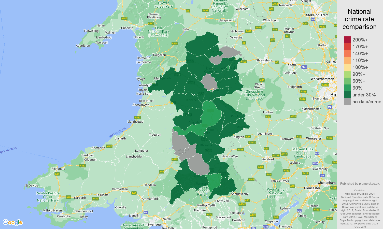 Powys shoplifting crime rate comparison map