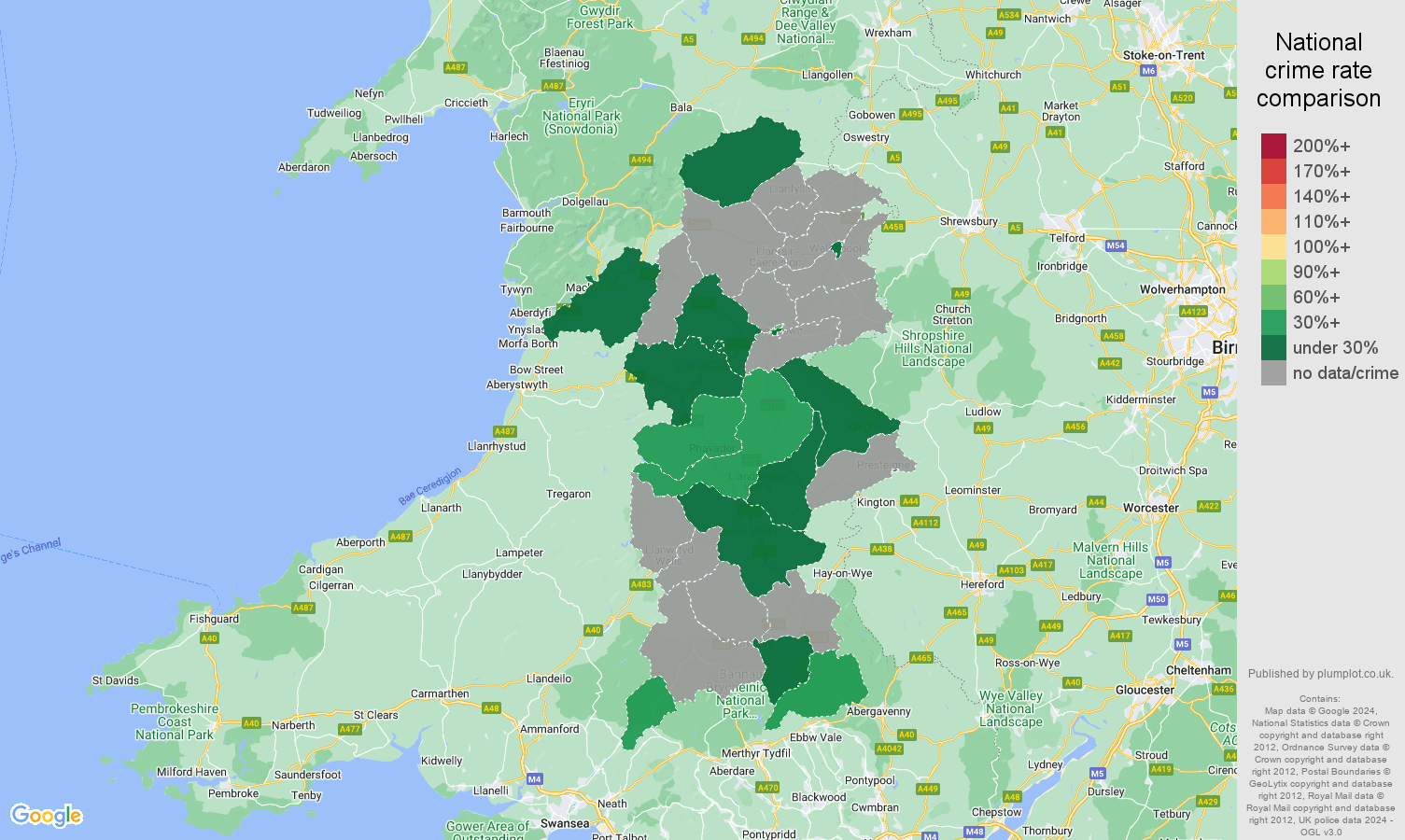 Powys theft from the person crime rate comparison map