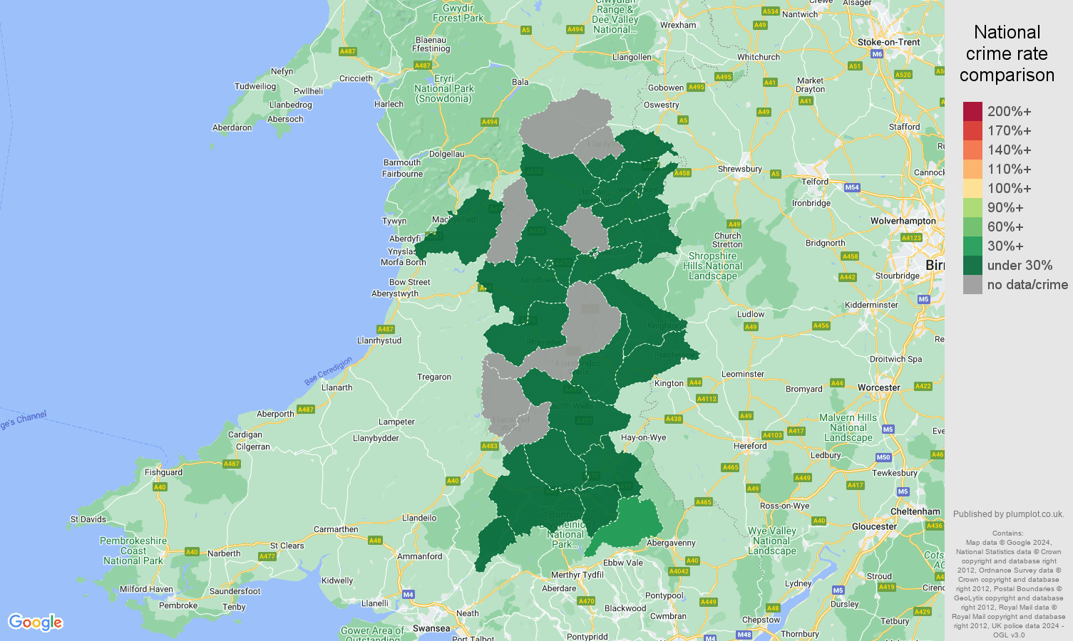 Powys vehicle crime rate comparison map