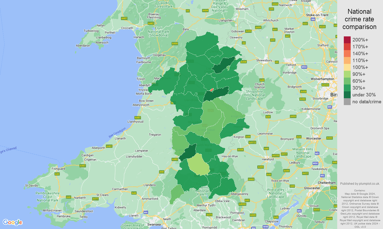 Powys violent crime rate comparison map