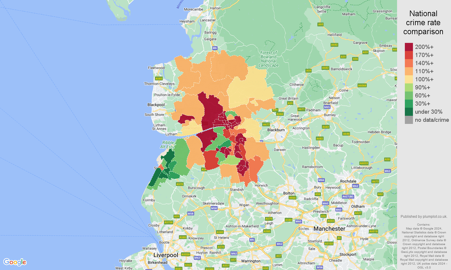 Preston antisocial behaviour crime rate comparison map