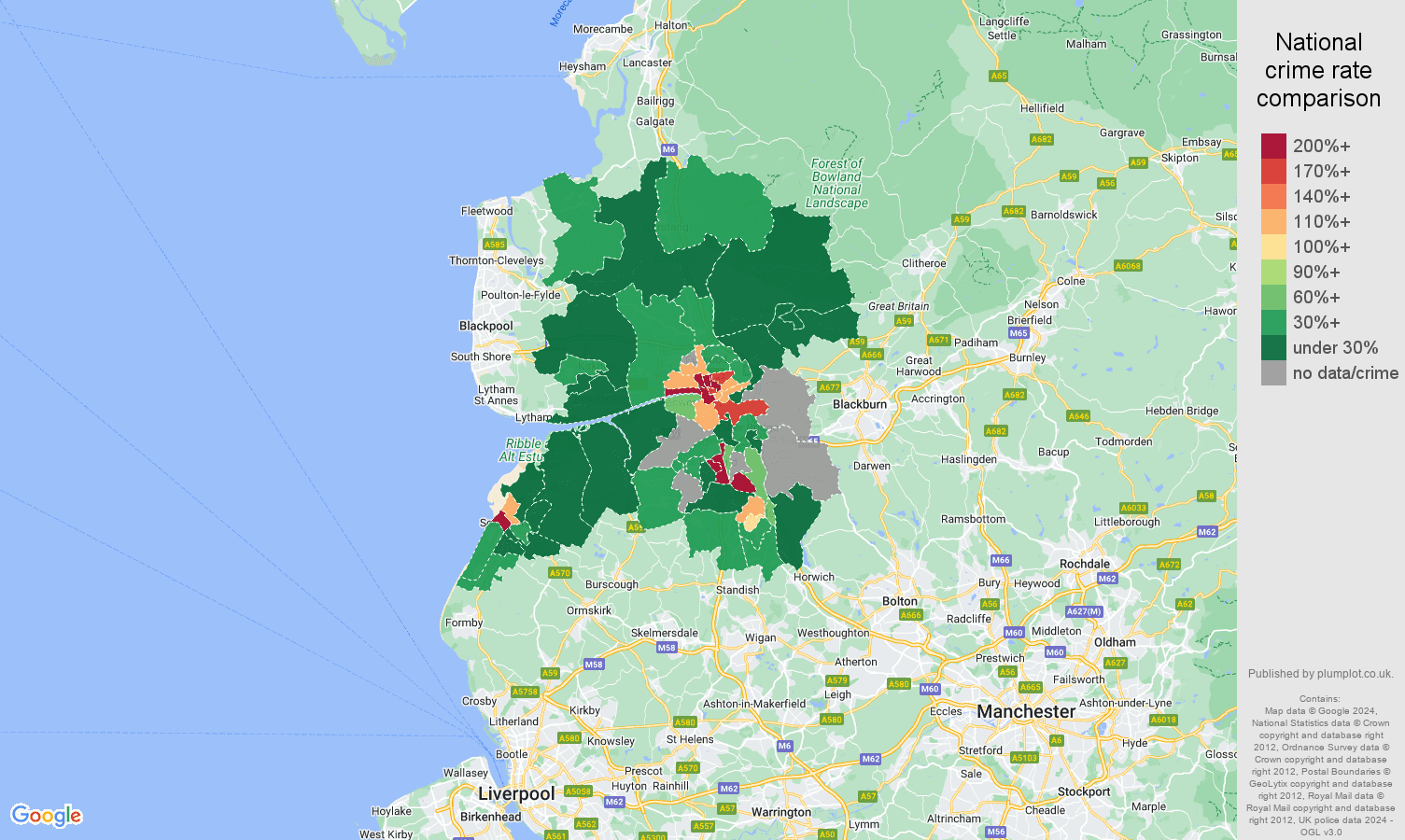 Preston bicycle theft crime rate comparison map