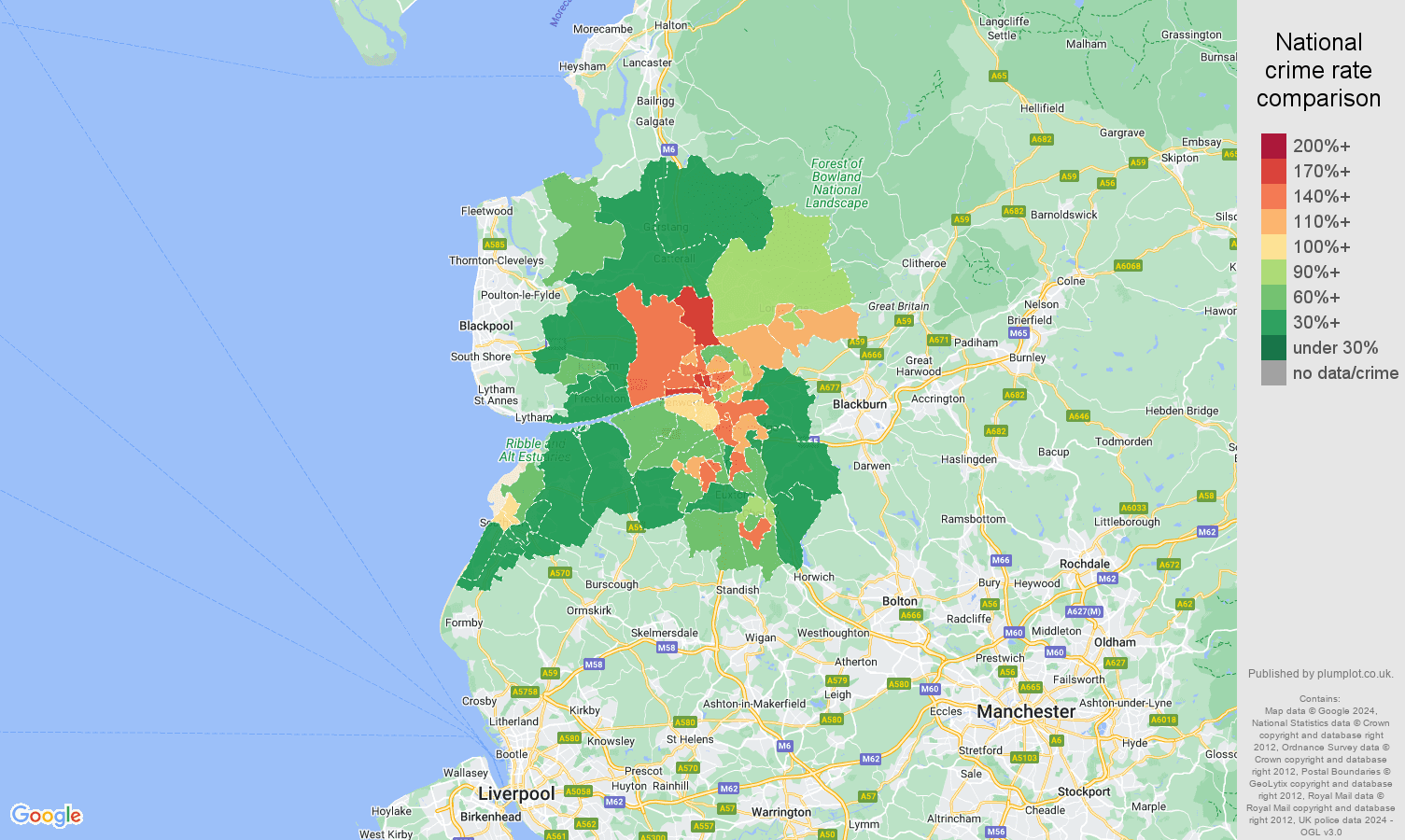 Preston burglary crime rate comparison map