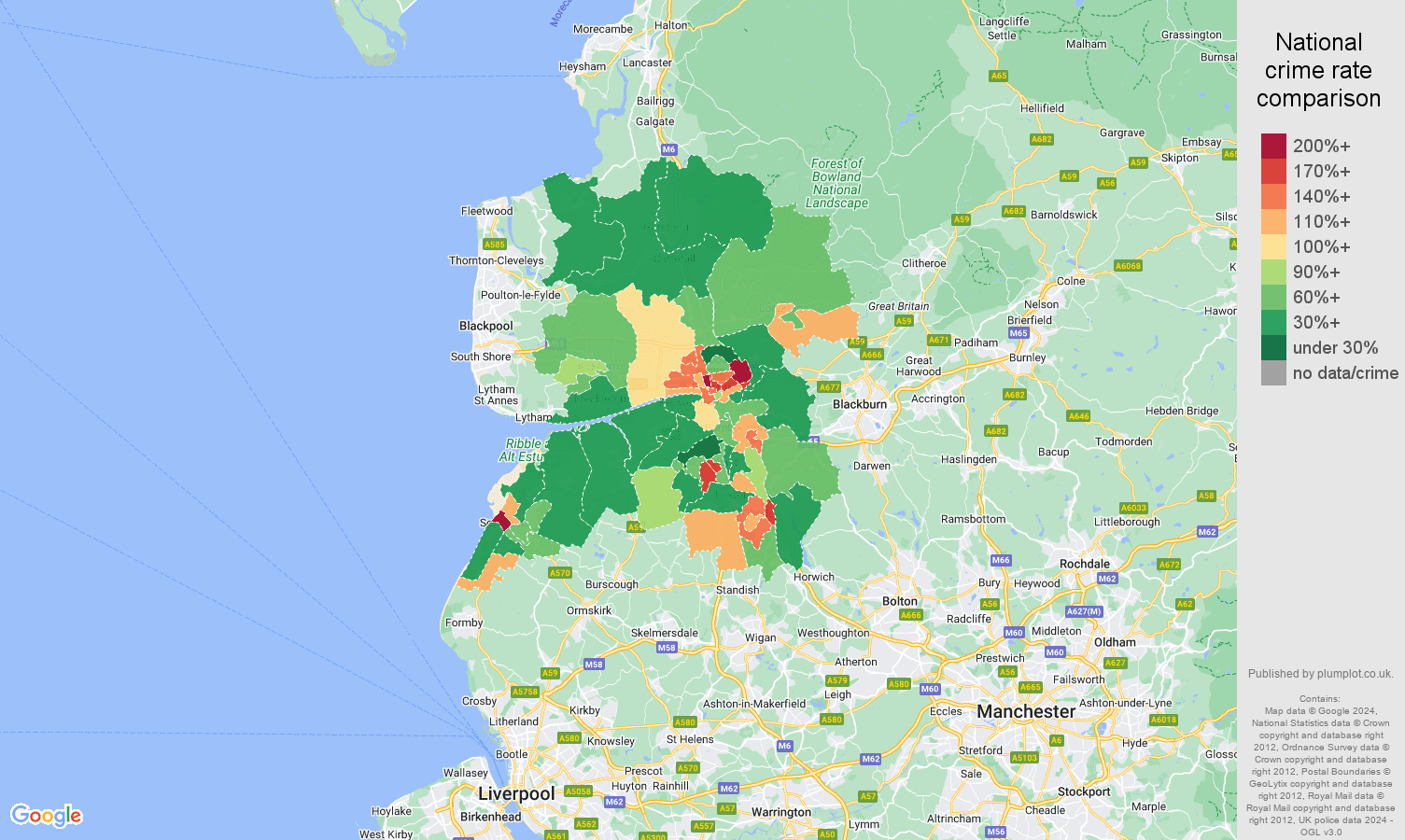 Preston criminal damage and arson crime rate comparison map