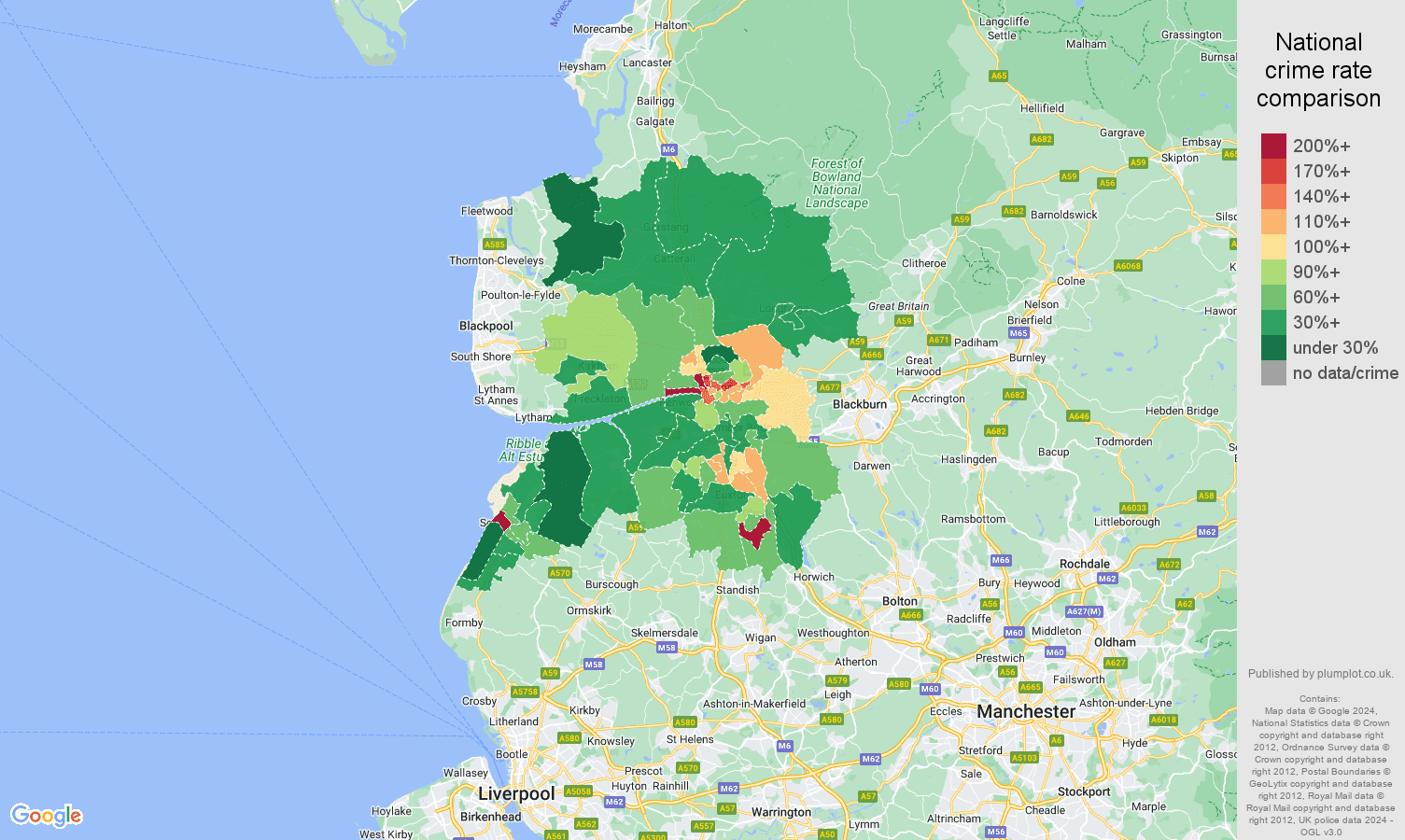 Preston other theft crime rate comparison map