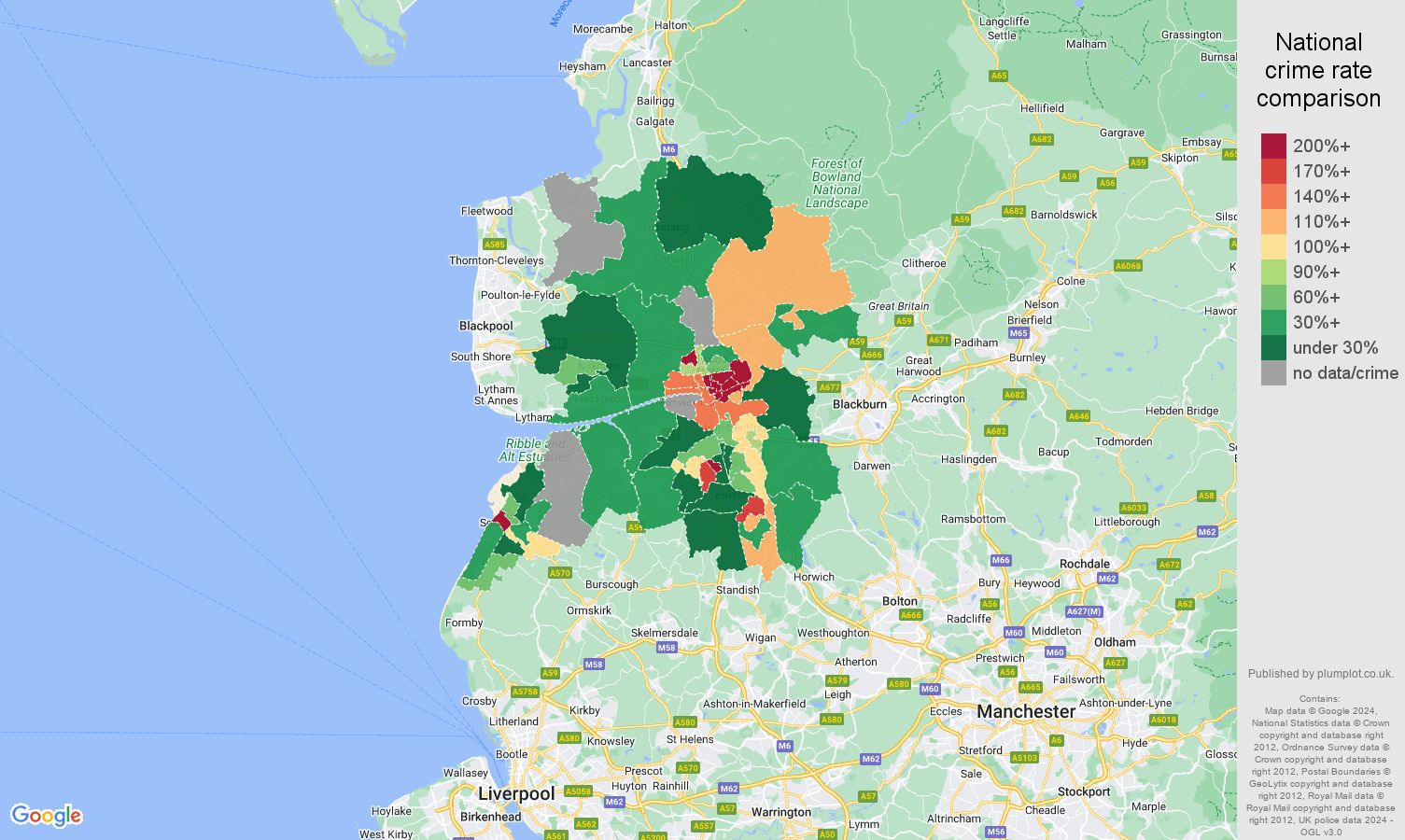 Preston possession of weapons crime rate comparison map