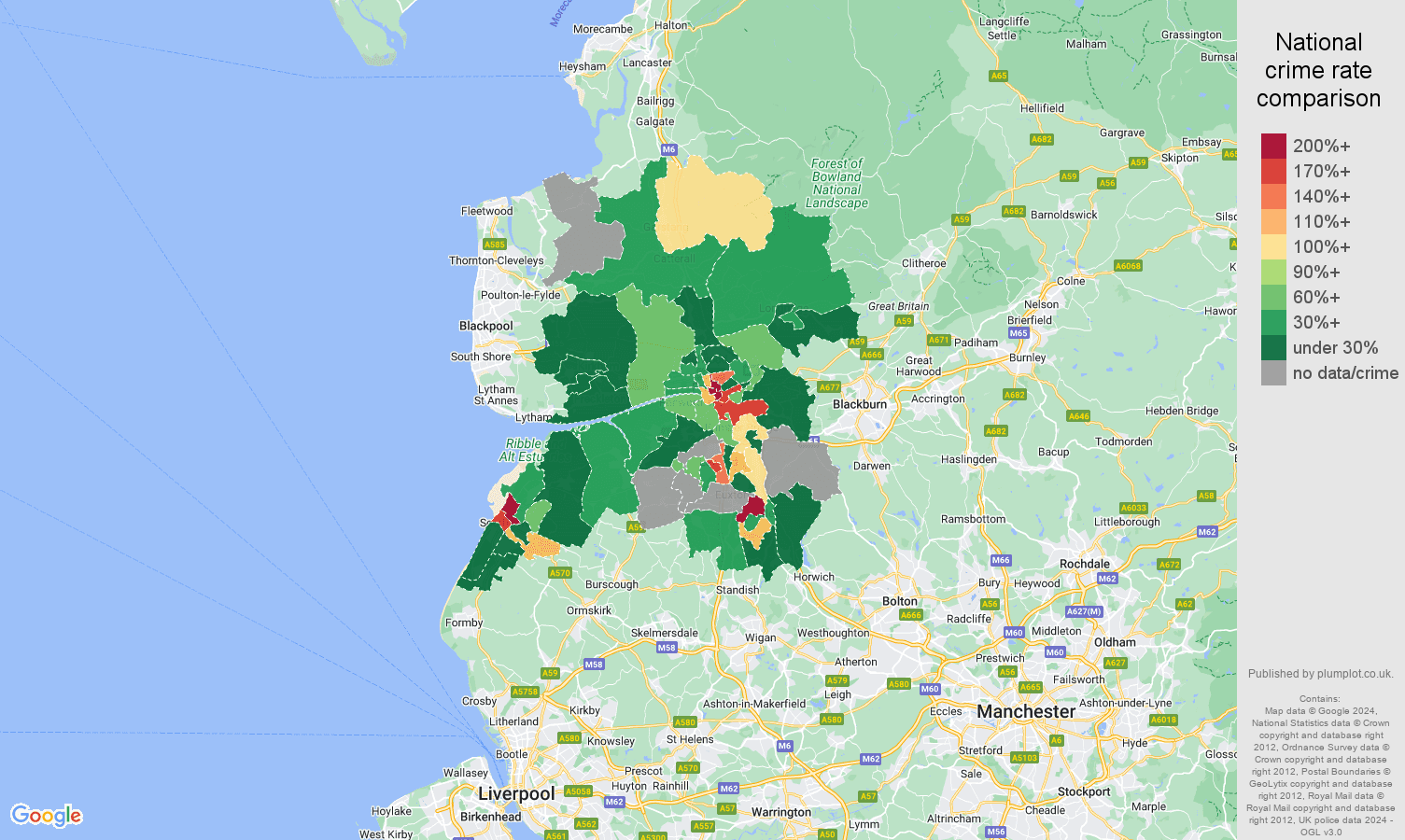 Preston shoplifting crime rate comparison map