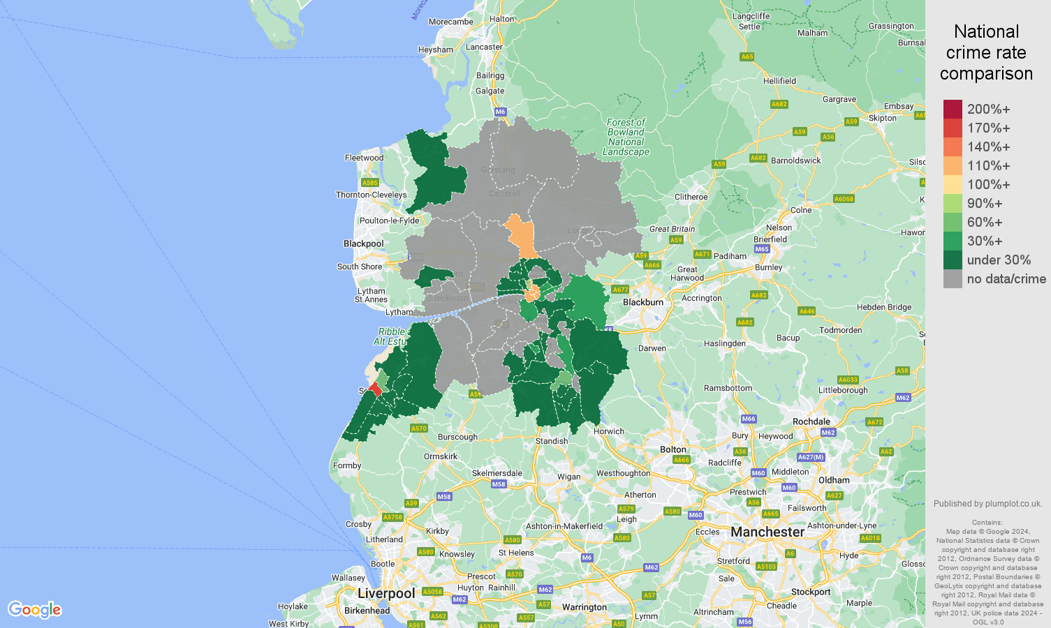 Preston theft from the person crime rate comparison map