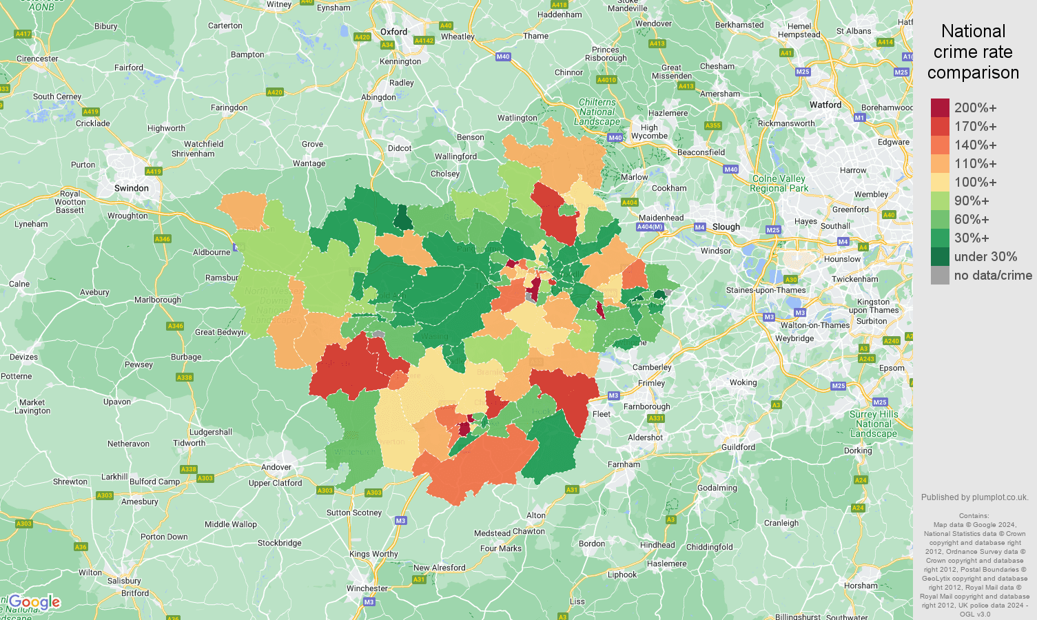 Reading burglary crime rate comparison map