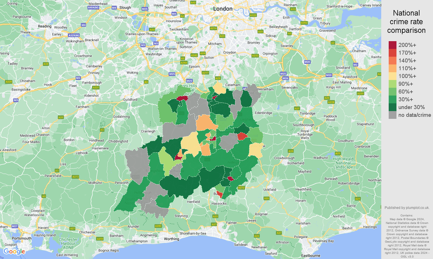 Redhill bicycle theft crime rate comparison map