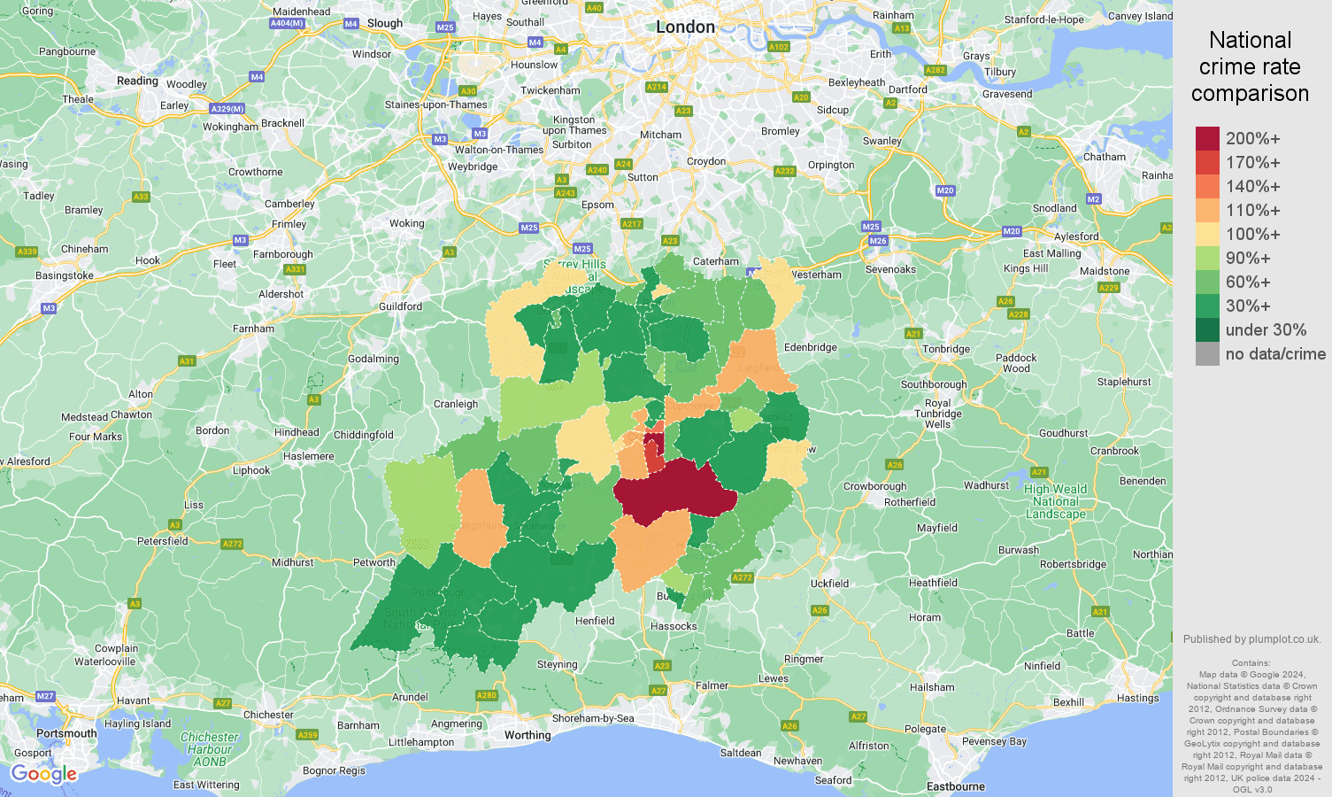 Redhill burglary crime rate comparison map