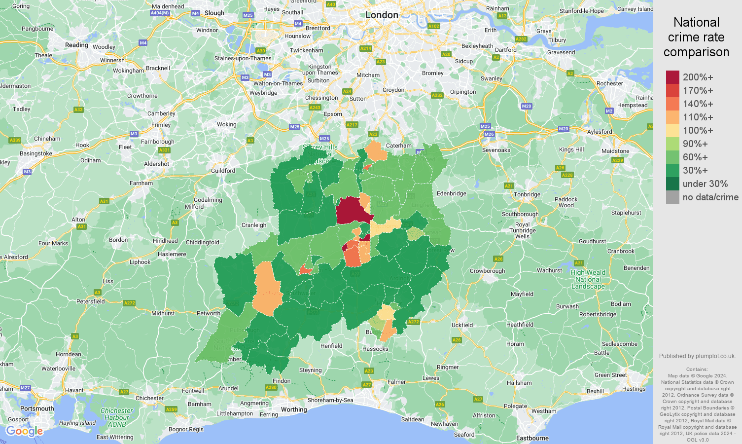 Redhill crime rate comparison map