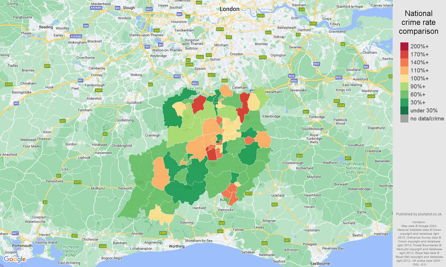 Redhill criminal damage and arson crime rate comparison map