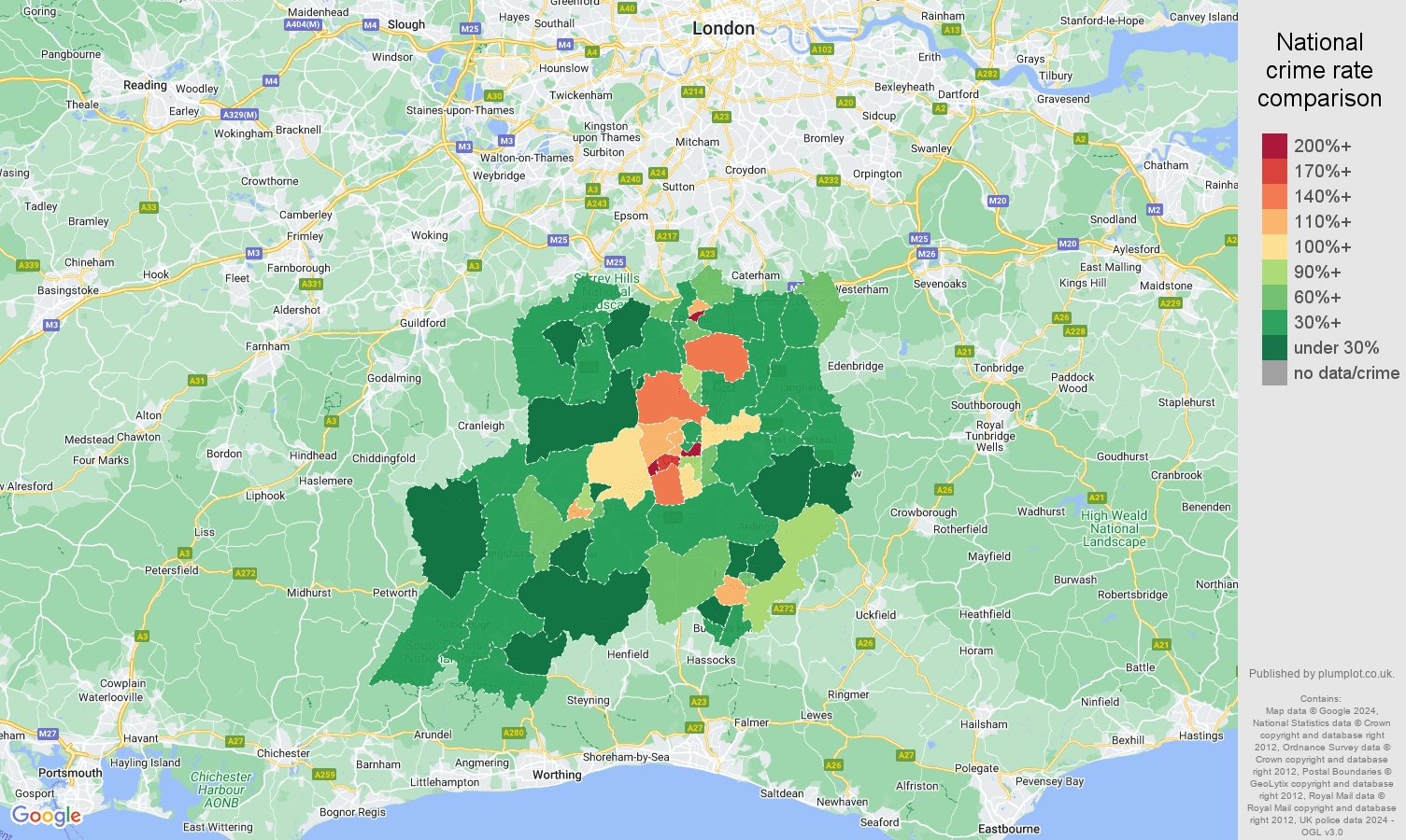 Redhill drugs crime rate comparison map