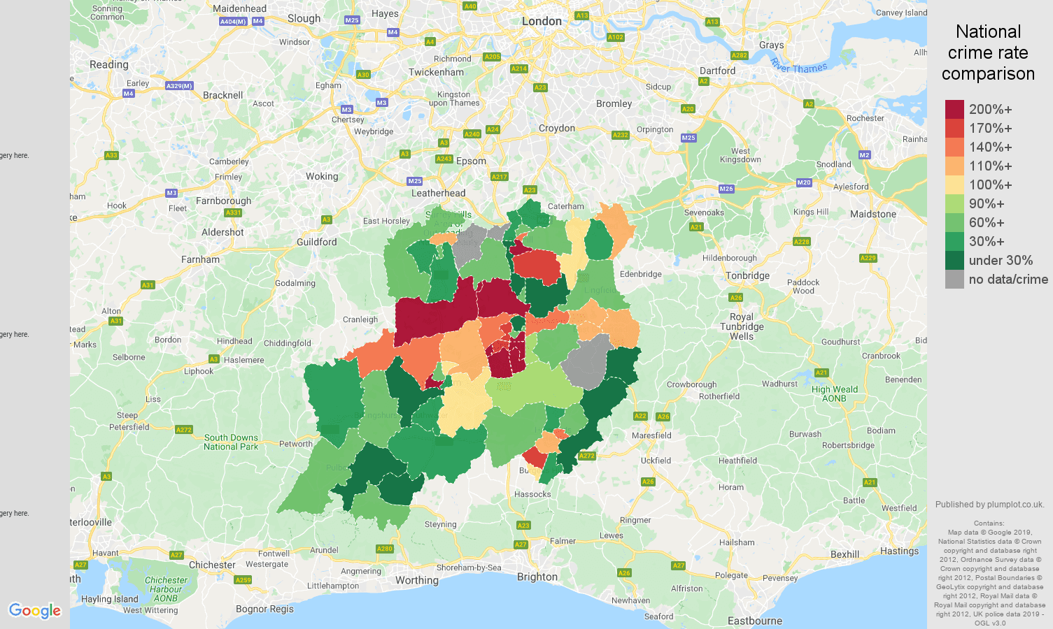 Redhill possession of weapons crime rate comparison map
