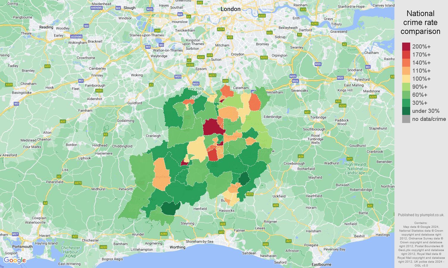 Redhill public order crime rate comparison map