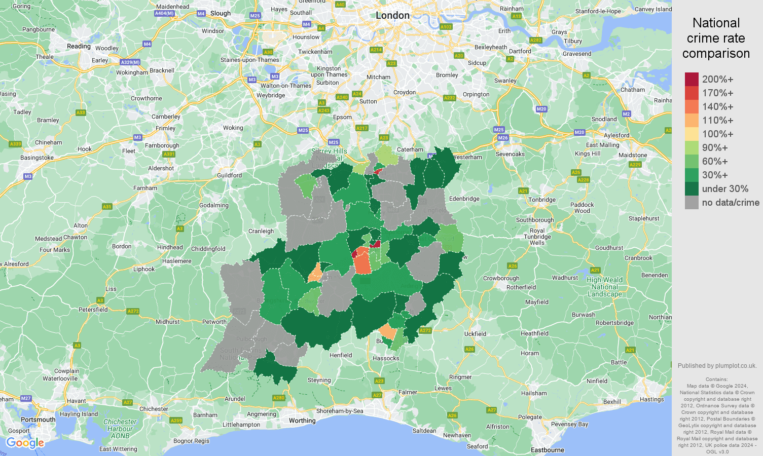 Redhill robbery crime rate comparison map