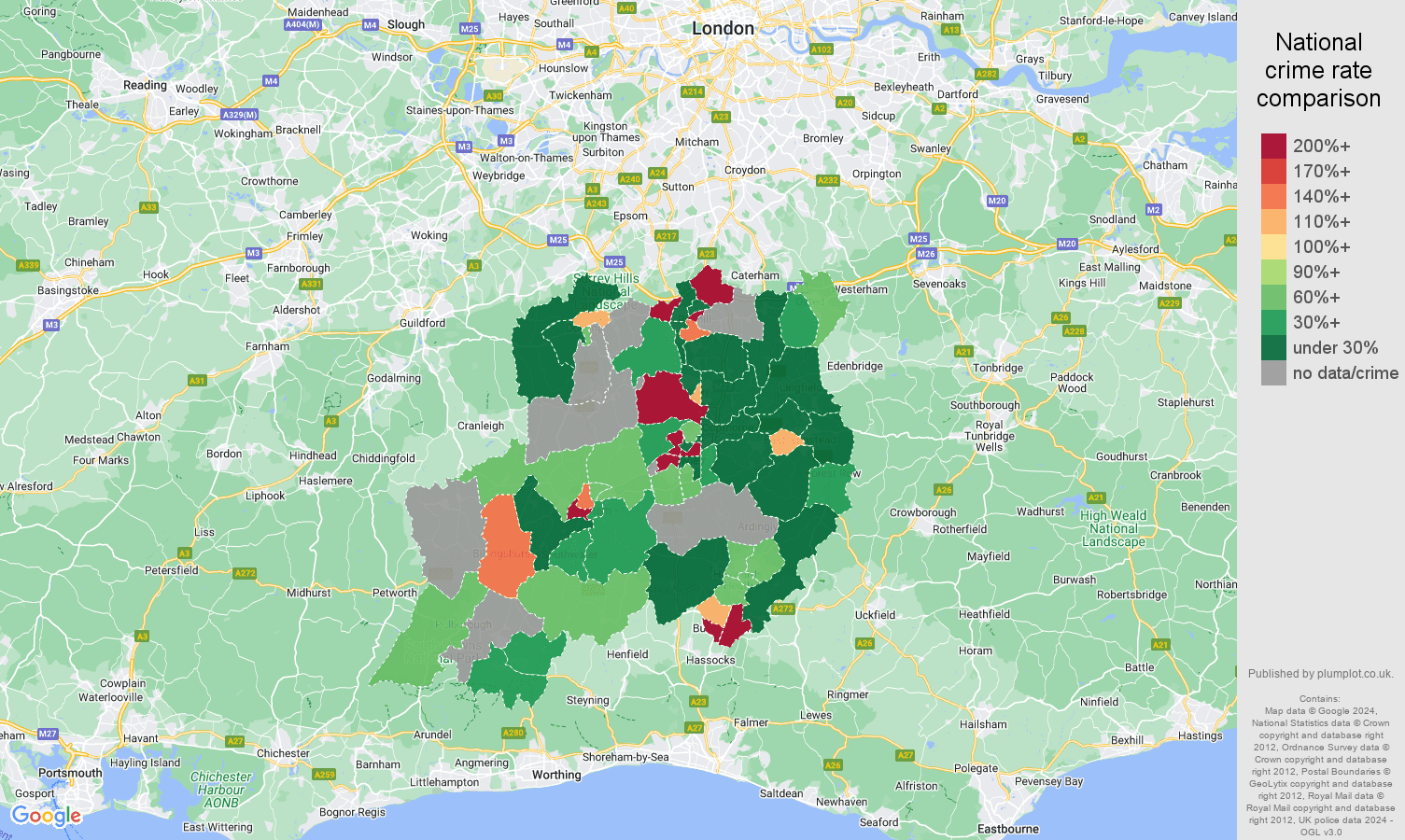 Redhill shoplifting crime rate comparison map