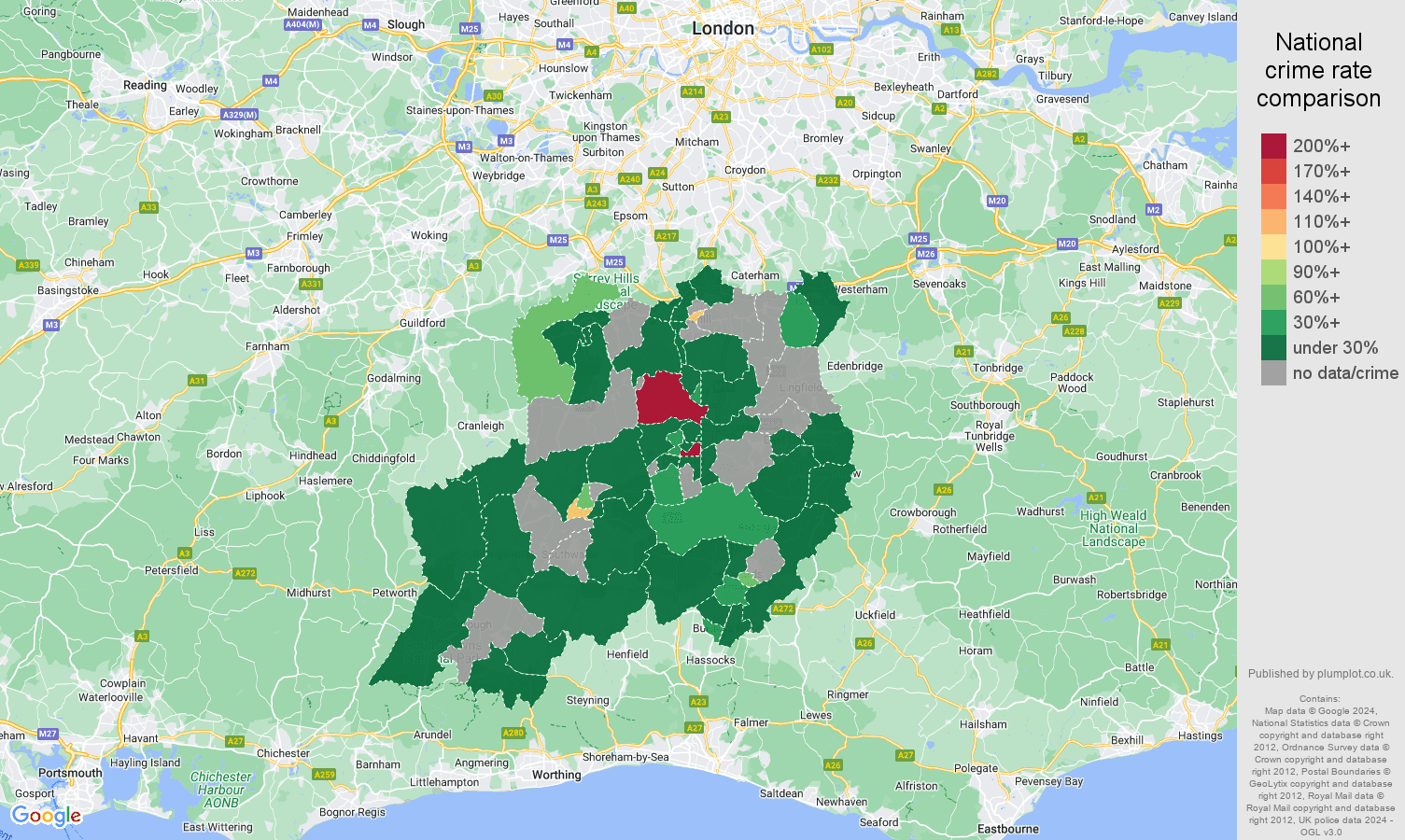 Redhill theft from the person crime rate comparison map