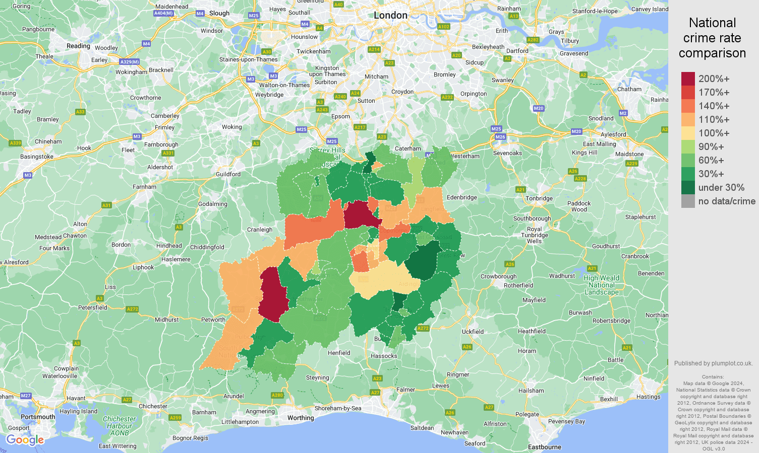 Redhill vehicle crime rate comparison map