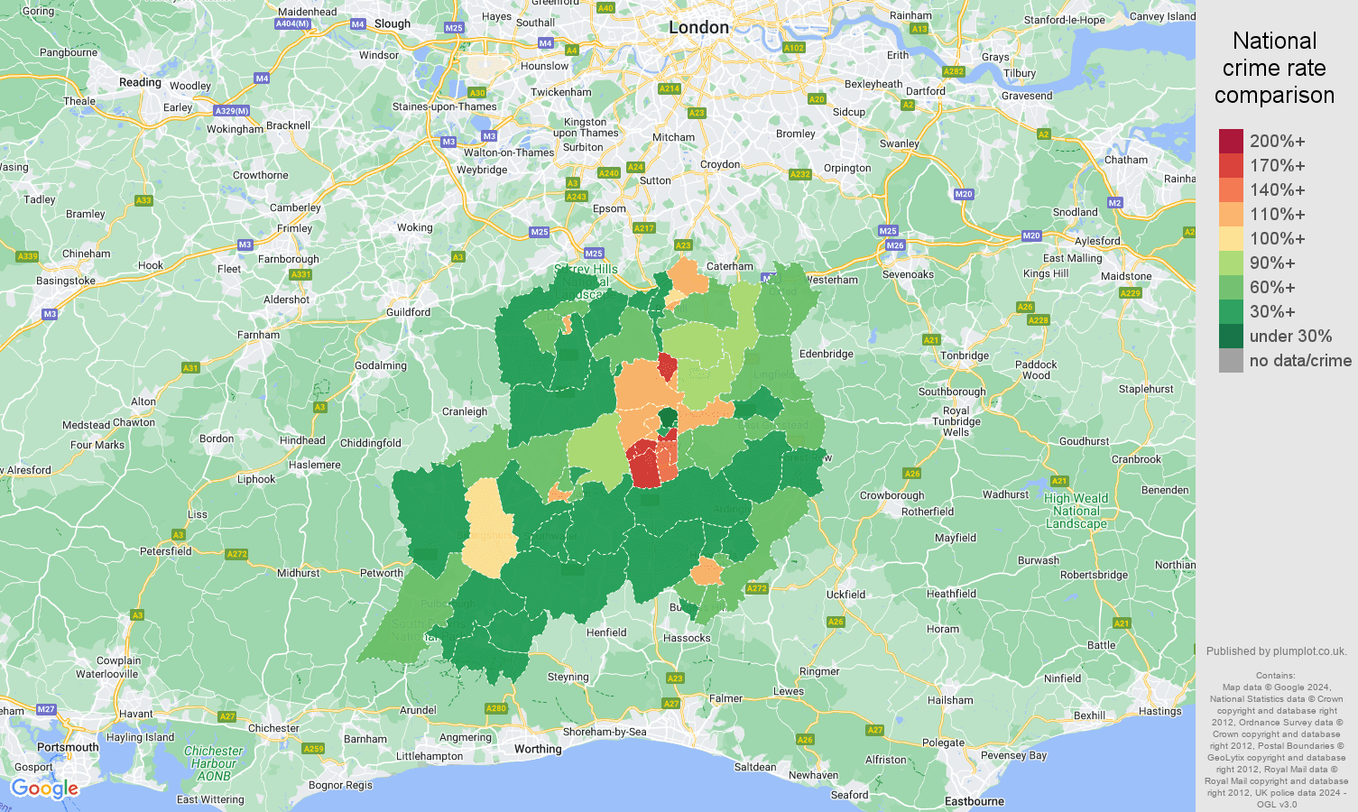 Redhill violent crime rate comparison map