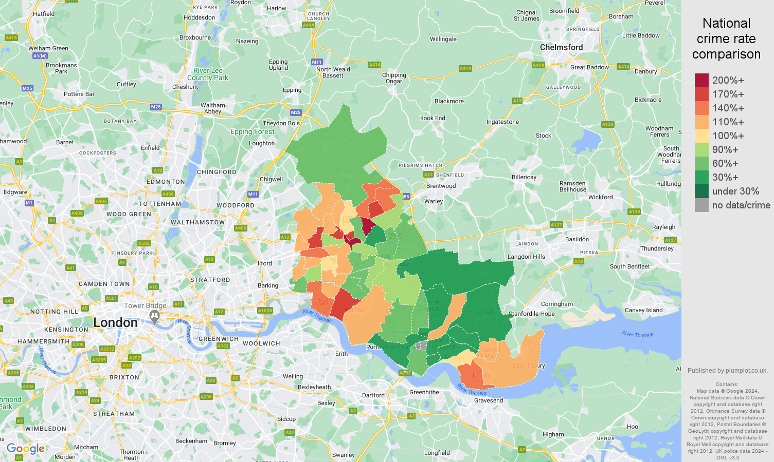 Romford antisocial behaviour crime rate comparison map
