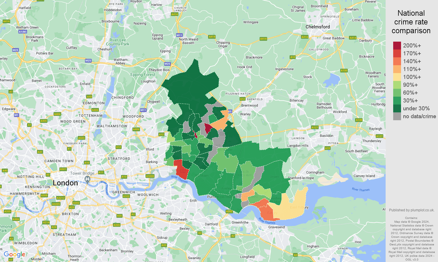 Romford bicycle theft crime rate comparison map