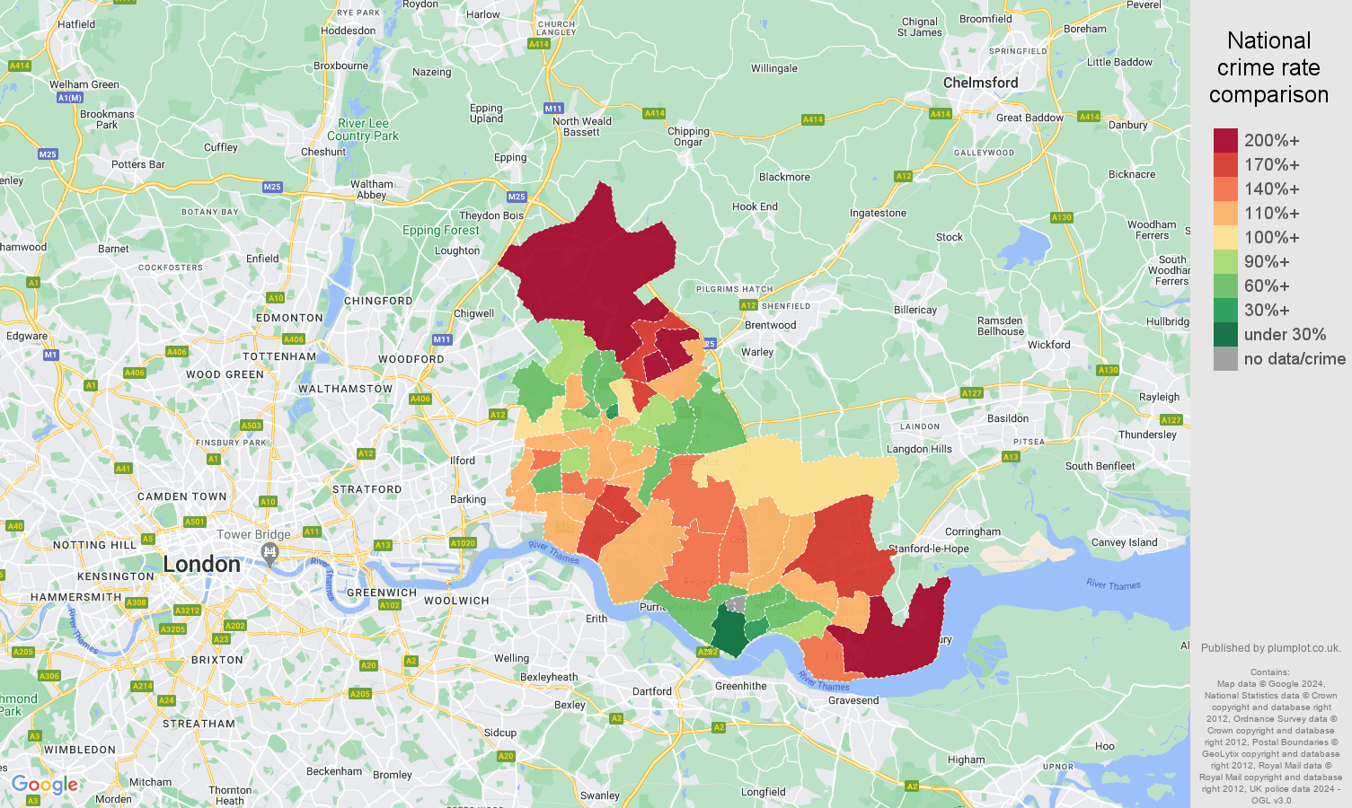 Romford burglary crime rate comparison map