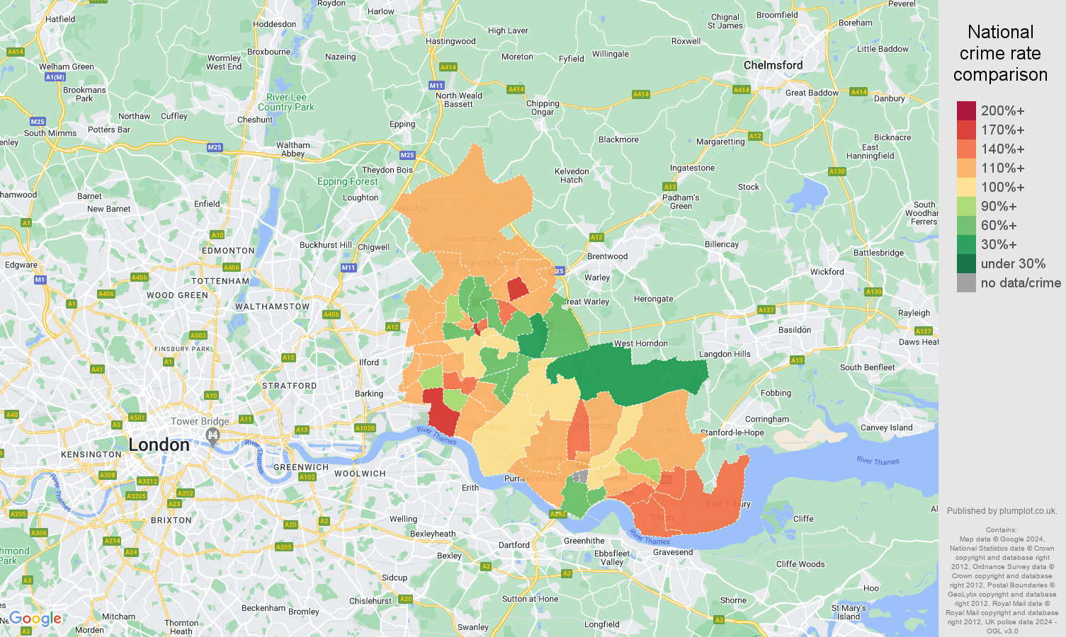 Romford crime rate comparison map