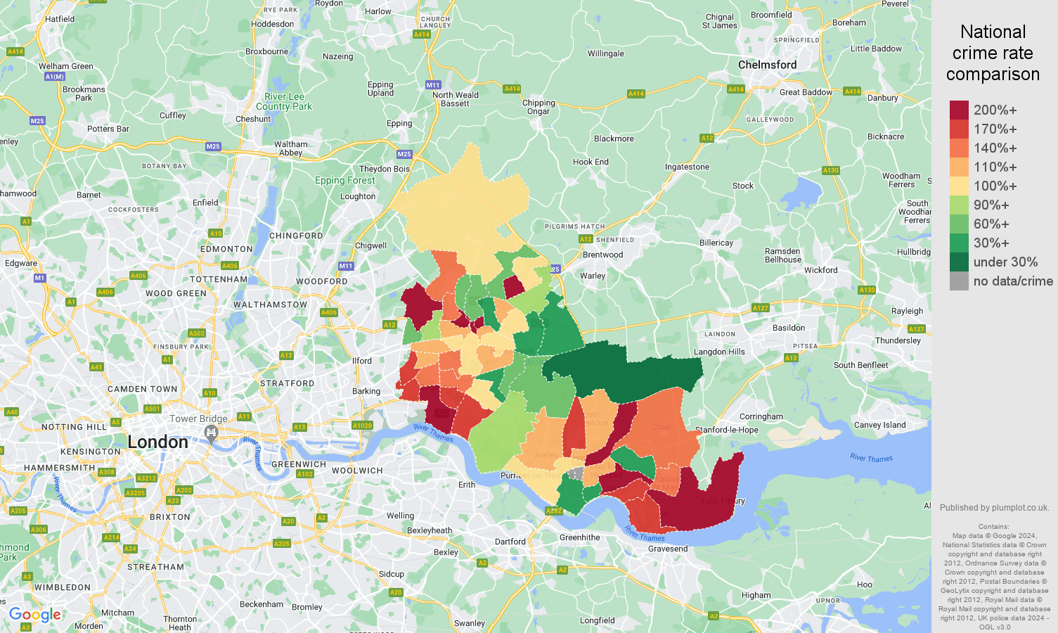 Romford drugs crime rate comparison map