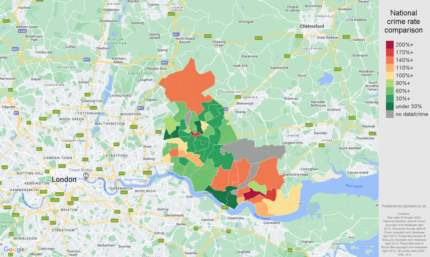 Romford possession of weapons crime rate comparison map