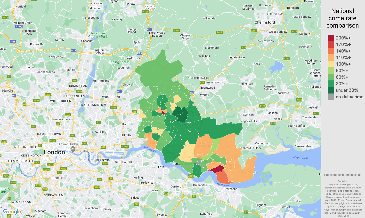 Romford public order crime rate comparison map