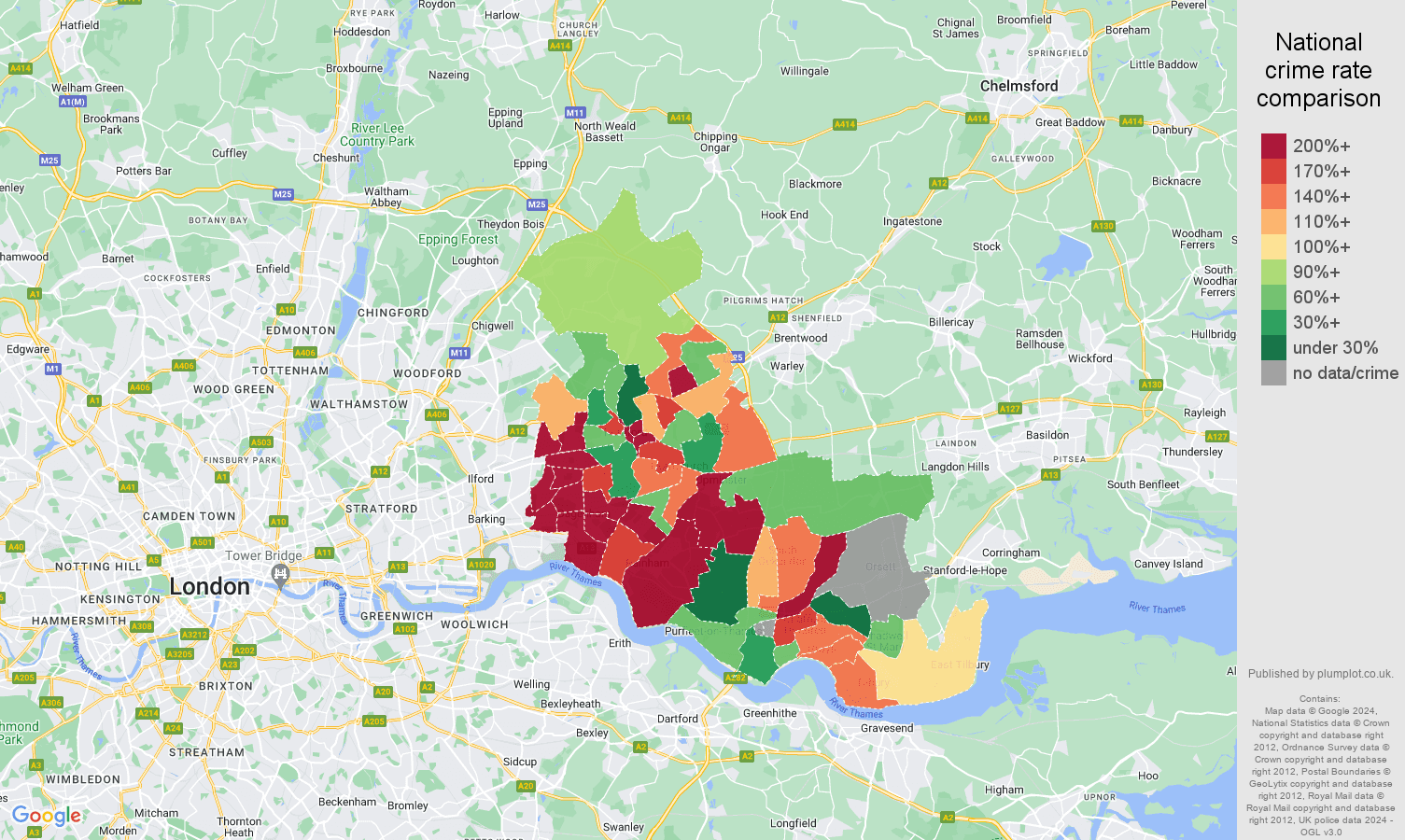 Romford robbery crime rate comparison map