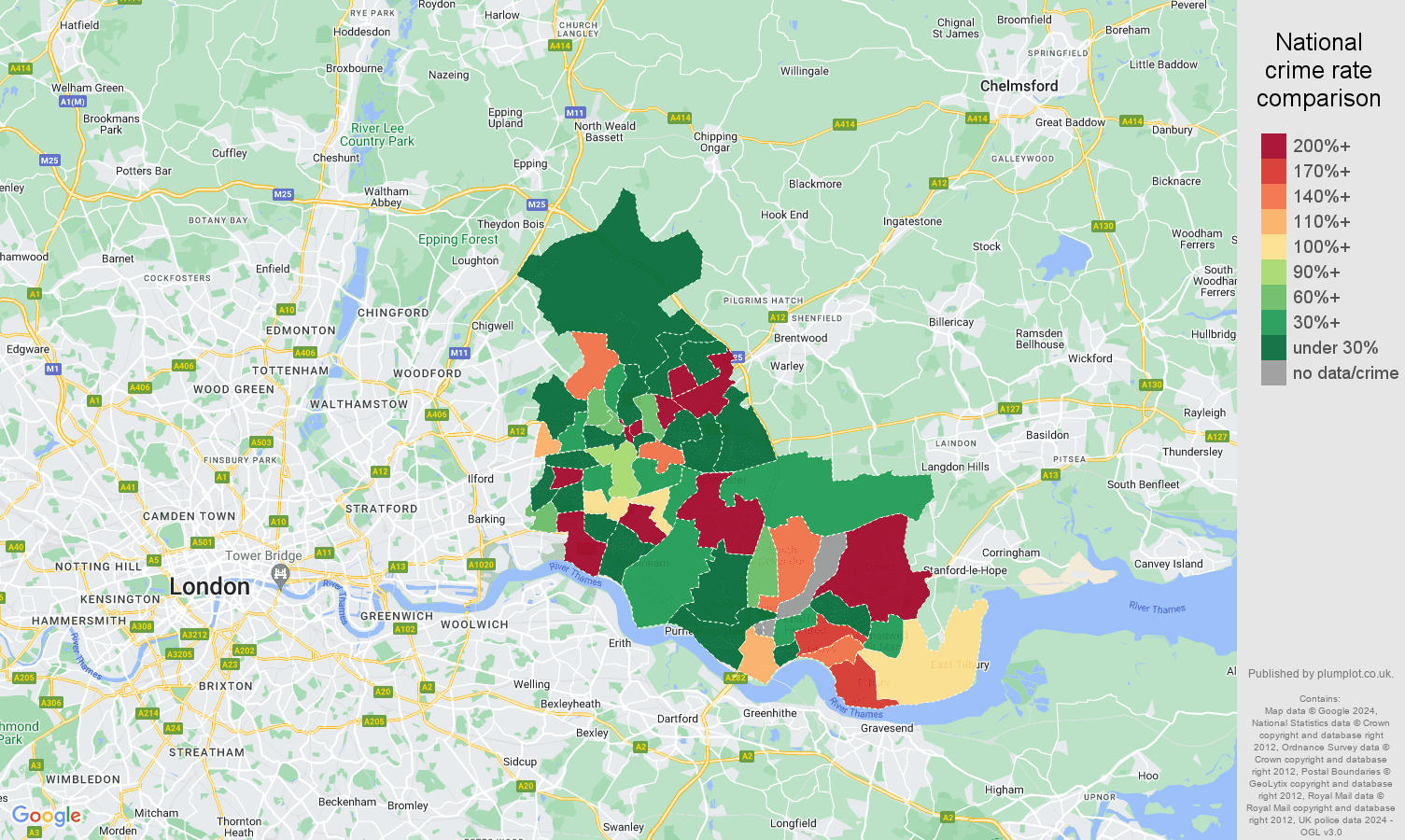Romford shoplifting crime rate comparison map
