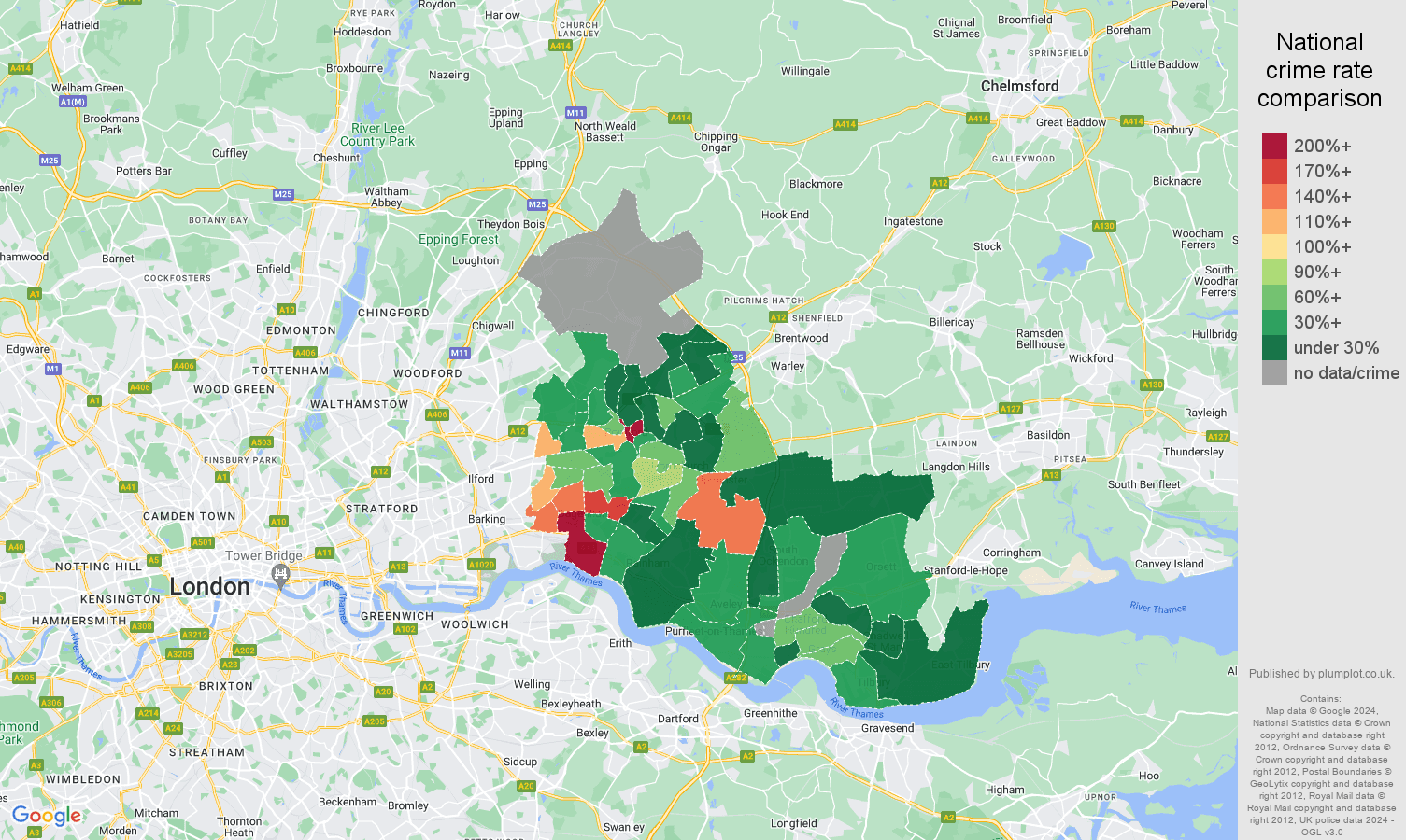 Romford theft from the person crime rate comparison map